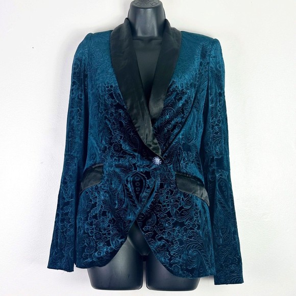 Iijin Paisley Velvet One Button Tuxedo Teal With Black Lapels  S jacket blazer - Picture 2 of 11